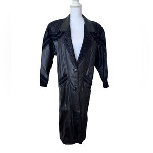 Winlit VTG Leather Trench Coat Black Paisley Western Rodeo Goth Cowgirl